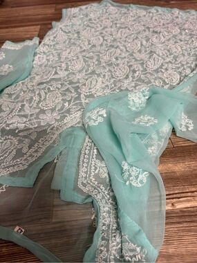Aqua Chiffon Embroidered Kurti Top